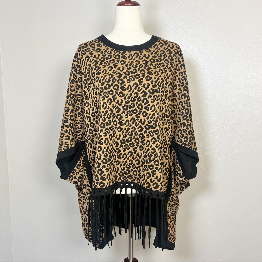TYLER BOE Women’s Size XS/S Cheetah Print‎ Fergie Jacquard Poncho Black Fringe